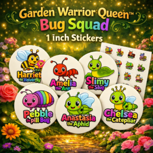 🌼 garden warrior queen™ bug squad — 1‑inch sticker set
