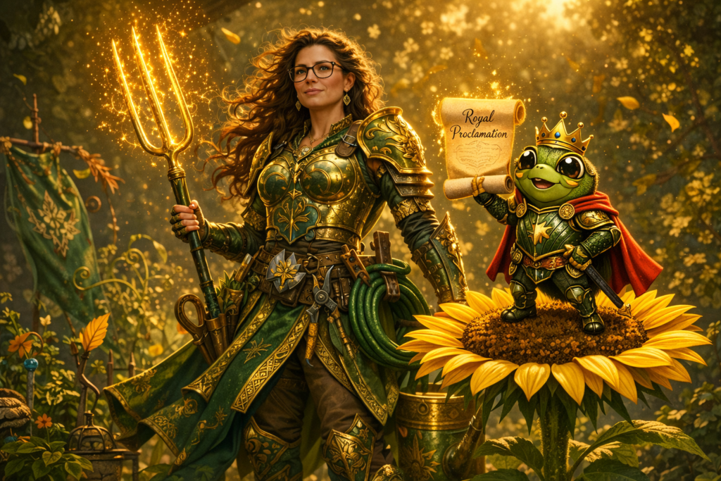 Garden Warrior Queen and The Duke of the Realm, a cute bug wearing armor and holding the royal proclamation scroll